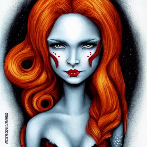 Image similar to Portrait of a beautiful Woman with red hair, eyes made of spiders by Tim Shumate by Chris Mars