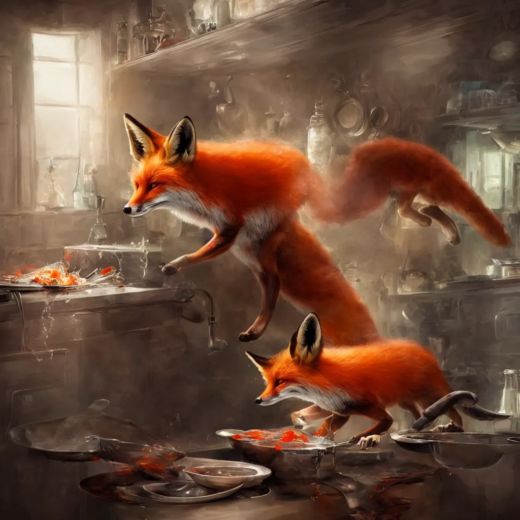 Image similar to a fox mixing chemicals in a kitchen, portrait, fantasy, beautiful face, vivid colors, elegant, concept art, sharp focus, digital art, hyper - realistic, 4 k, unreal engine, highly detailed, hd, dramatic lighting by brom, trending on artstation
