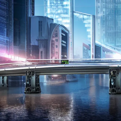 Image similar to view on vansu bridge in riga in year 2 1 0 0, futuristic, cyberpunk