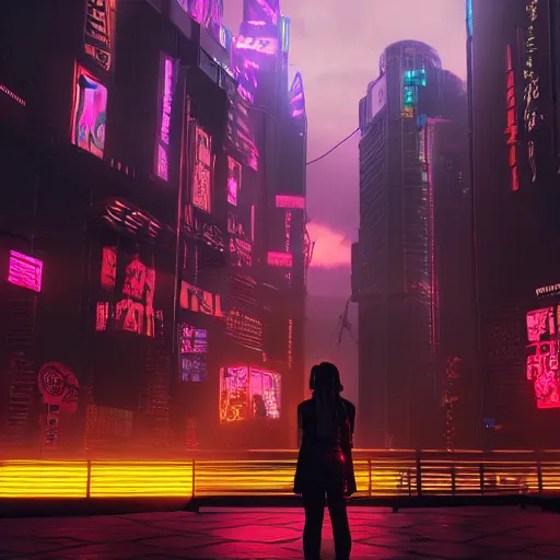 Image similar to « glowing neon lights, sunrise, cyberpunk, alita battle angel, blade runner, rainy, cold, clouds, far view, photorealistic, unreal engine 5, attractive girl sharp focus »