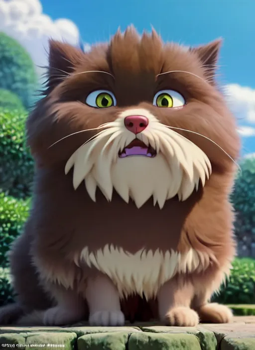 Prompt: a wholesome animation key shot of a cute brindle persian cat, studio ghibli, pixar and disney animation, sharp, rendered in unreal engine 5, anime key art by greg rutkowski, bloom, dramatic lighting