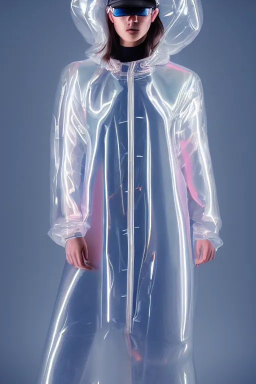 Image similar to an ultra high definition professional high fashion portrait studio full length photograph of a model wearing a transparent pearlescent raincoat and neon visor in an icelandic black rock environment at dawn. no artefacts. extremely detailed. stark. refraction. shallow depth of field. volumetric light and shadow. ray tracing. light rays.