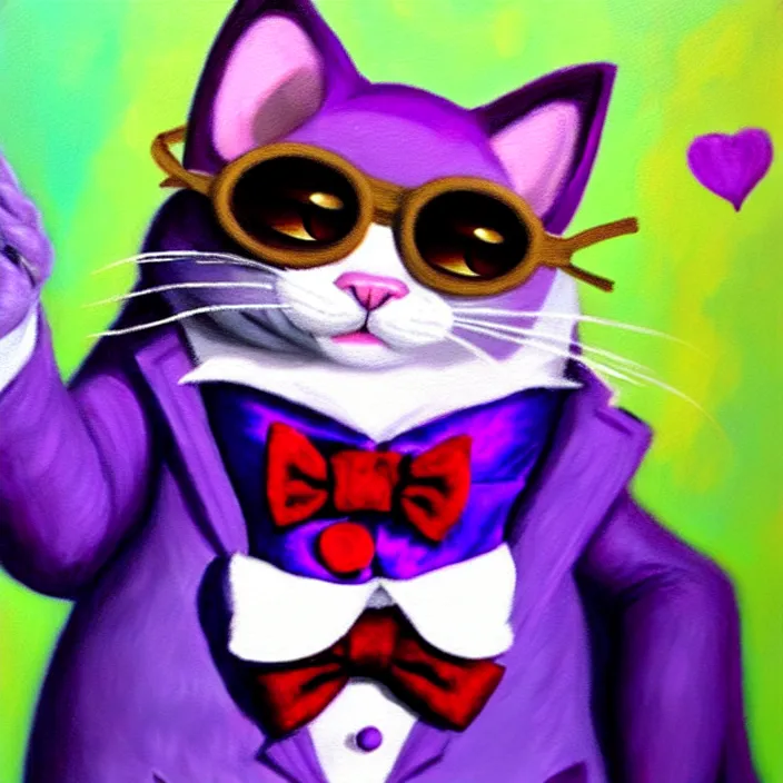 Prompt: an anthropomorphic purple male cat fursona dressed as willy wonka, furry, oil on canvas, soft colors, cute