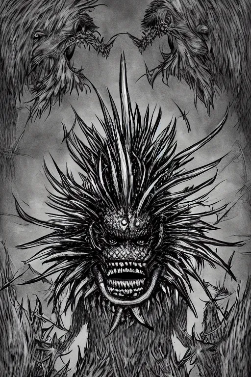 Image similar to thistle monster heavily armoured, symmetrical, highly detailed, digital art, needles, thorns, sharp focus, trending on art station, kentaro miura manga art style