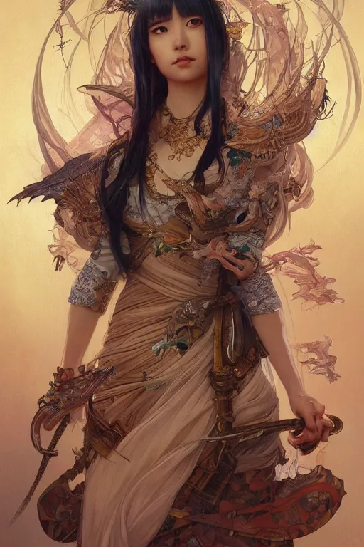 Prompt: Momoko Gumi Company (BiSH) portrait, D&D, MtG art,fantasy, intricate, elegant, highly detailed, digital painting, artstation, concept art, smooth, sharp focus, hyperrealistic,illustration, art by artgerm and greg rutkowski and alphonse mucha