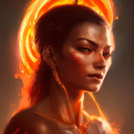 Image similar to a beautiful portrait of a flame goddess by Greg Rutkowski and Raymond Swanland, Trending on Artstation, Flaming Background, ultra realistic digital art