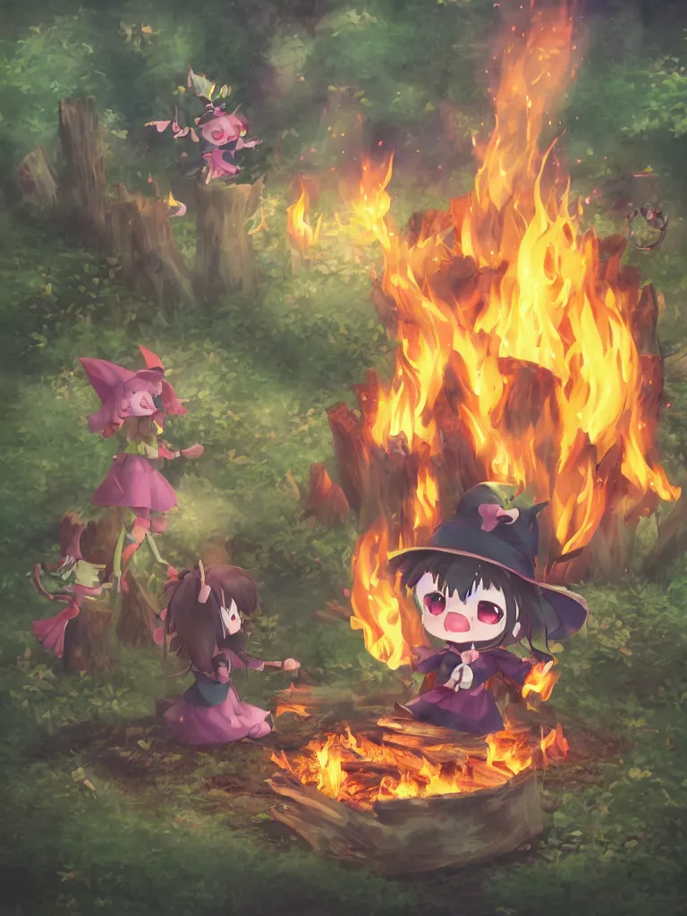 Image similar to cute fumo plush manic happy witch pyromaniac girl giddily starting a huge bonfire in the forest, anime, burning flames, warm glow and volumetric smoke vortices, rule of thirds composition, vignette, vray