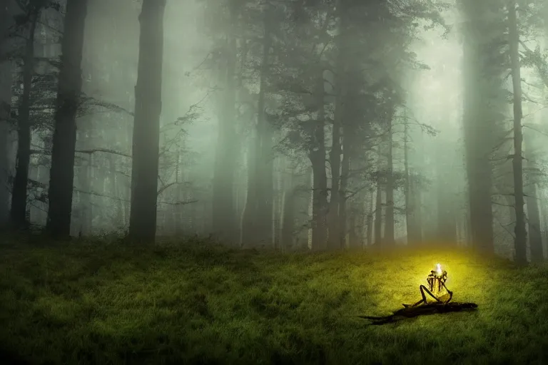 Prompt: a burning human skeleton sitting in foggy forest behind computer at moonlight night, overgrown with moss, light, dark atmosphere, dark fantasy, highly detailed