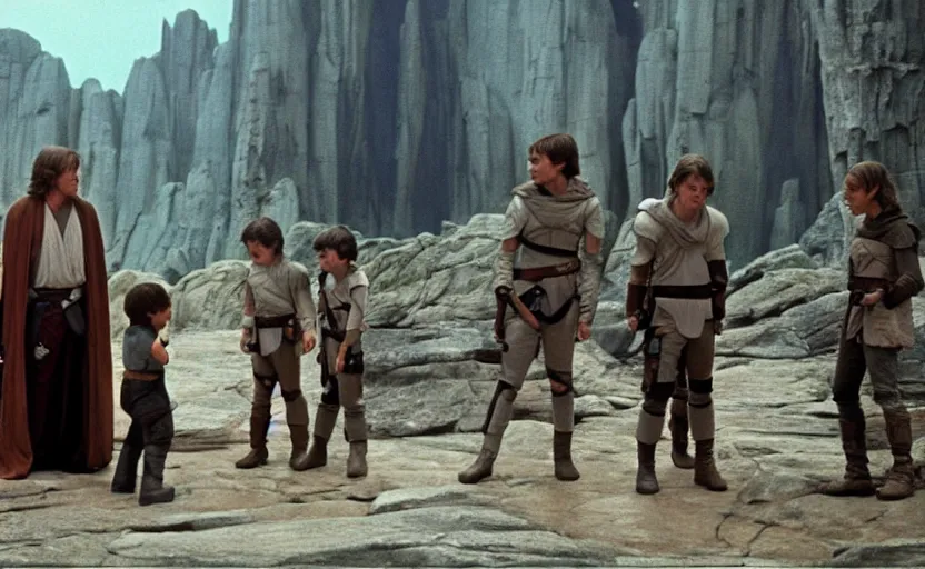 Image similar to screenshot of Luke Skywalker teaching a close of young padawans outside a rocky Jedi Temple scene from The Force Awakens, 1970s film by Stanley Kubrick, serene, iconic scene, Mark Hammil portrait, stunning cinematography, hyper-detailed, sharp, anamorphic lenses, kodak color film, 4k