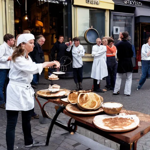 Image similar to Portrait of dutch chefs impressing impressing french people with pancakes in a street in Paris, by Steve McCurry and David Lazar, natural light, detailed face, CANON Eos C300, ƒ1.8, 35mm, 8K, medium-format print