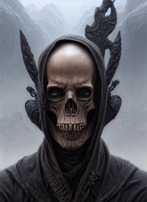 Prompt: closeup portrait shot of a grim reaper in a scenic dystopian environment, intricate, elegant, highly detailed, centered, digital painting, artstation, concept art, smooth, sharp focus, illustration, artgerm, tomasz alen kopera, peter mohrbacher, donato giancola, joseph christian leyendecker, wlop, boris vallejo