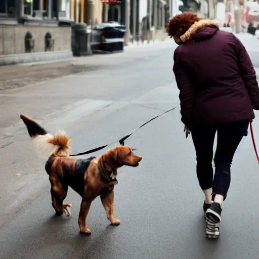 Prompt: a dog walking a woman on the street