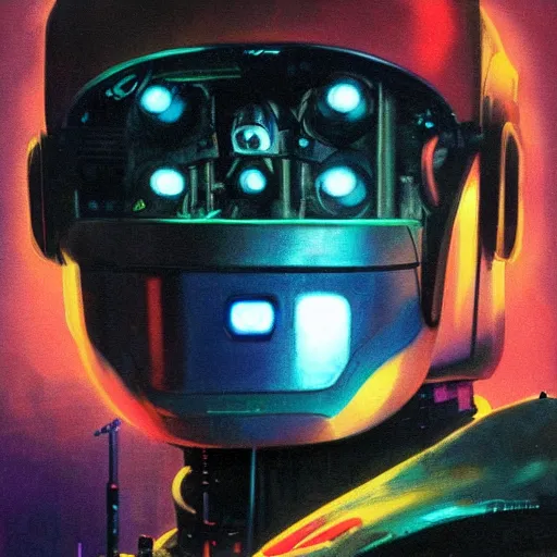 Image similar to a dark and colorful close - up side profile portrait of a sci - fi mecha robot with led lights glowing fog in the background. highly detailed science fiction painting by norman rockwell, frank frazetta, and syd mead. rich colors, high contrast, gloomy atmosphere, dark background. trending on artstation