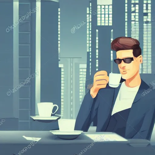 Image similar to handsome startup CEO having a cup of coffee. sci-fi cyberpunk concept art