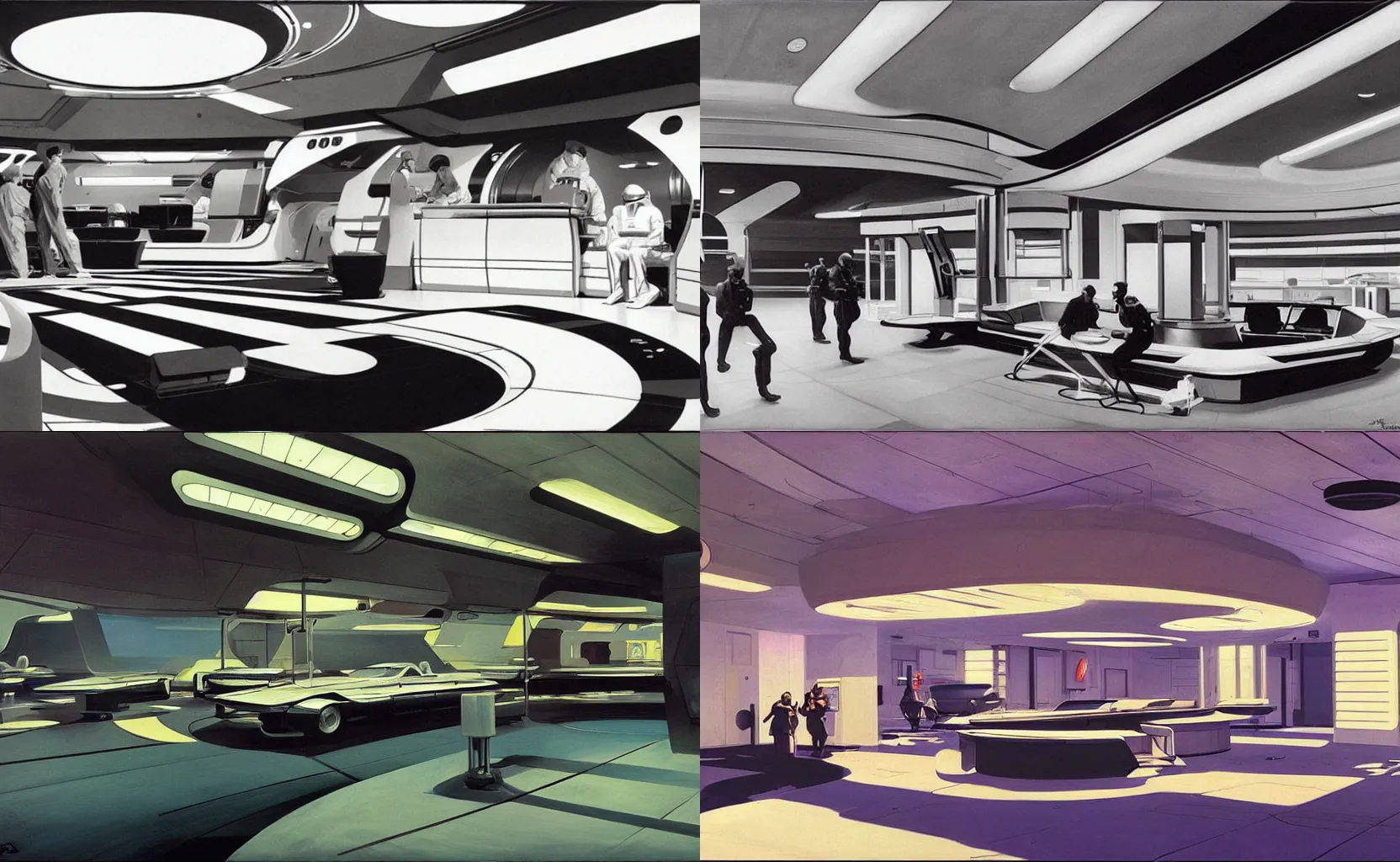 Prompt: the inside of a police station in the far future, in space, sleek, futuristic, sci-fi, painting by Syd Mead and Edward Hopper