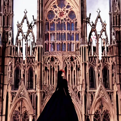 Image similar to movie shot, landcape, architectural shot, no decaying lines, background of an alabaster gothic cathedral, with long ephimeral windows with reflection of red flames, as subject a gothic woman with an intricate arabesque detailed black dressed, macro head face