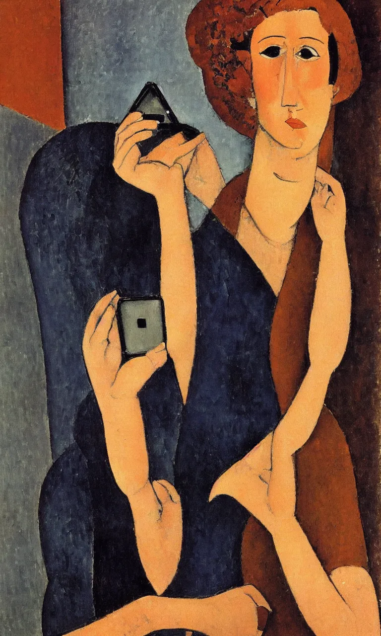 Image similar to amedeo modigliani. close up portrait of a woman with brown hair and a blue rollneck sweather holding an iphone in her hand. very soft brush.