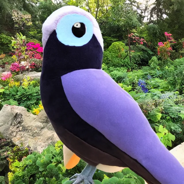 Prompt: took my birb plushie to the botanical garden for a photoshoot!