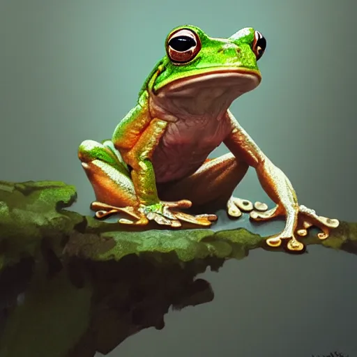 Image similar to a frog sitting on walter white's head, intricate, highly detailed, digital painting, artstation, concept art, smooth, sharp focus, illustration, unreal engine 5, 8 k, art by artgerm and greg rutkowski and alphonse mucha