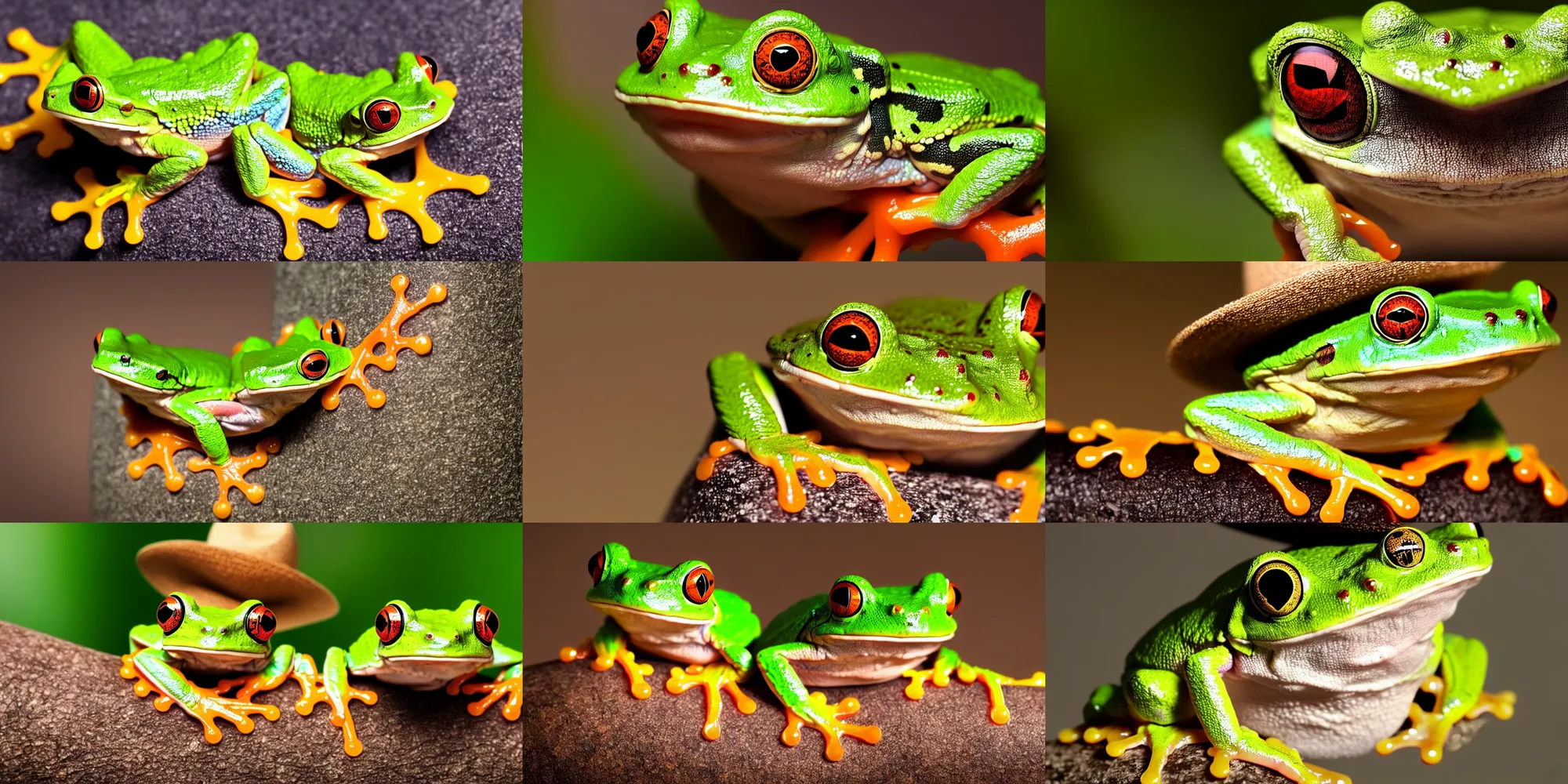 Prompt: an amazon tree frog wearing a small cowboy hat, a macro photograph, shutterstock contest winner, uhd image, shiny eyes, macro photography