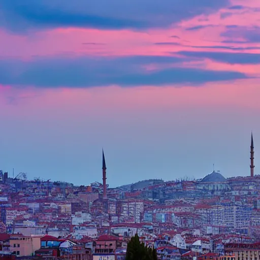 Prompt: skyline of istanbul at sunset with mosque in foreground