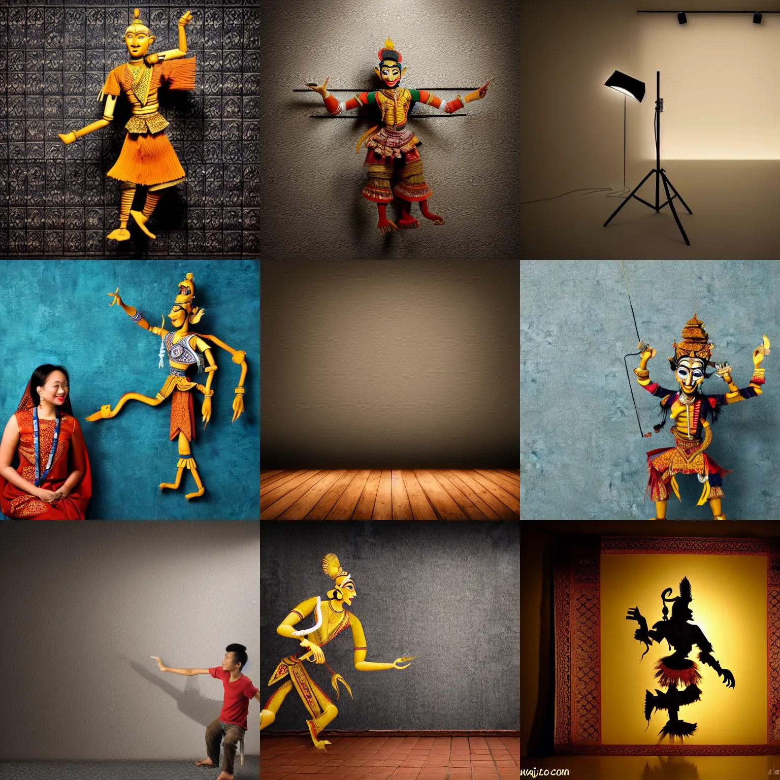 Prompt: wayang kulit, studio lighting, random wall or scenery background