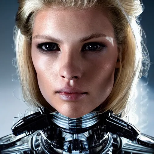 Image similar to very pretty blond borg queen on a borg ship, perfect face, symmetrical face, moody lighting, shallow depth of field,