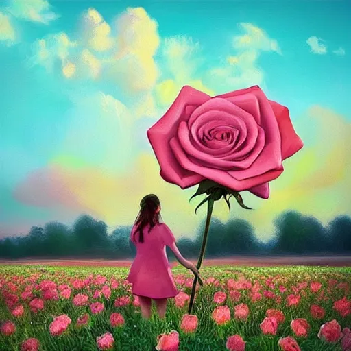 Image similar to large rose for face, girl frontal in a flower field, surreal photography, sunrise dramatic light, impressionist painting, colorful clouds, digital painting, artstation, simon stalenhag