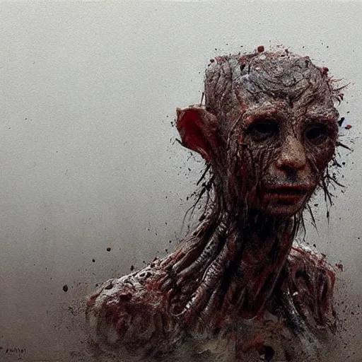 Image similar to painting by jakub rozalski of a muddy rooted humanoid creature with a big hole in the head. half body closeup