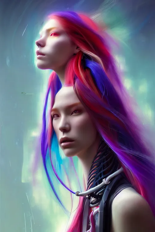 Prompt: a half body image of a beautiful young 28th century super cool post-human female wiht long colorful hair, barely human and largely biomechanical machine, hyper-realistic cyberpunk style, designs by Peter Mohrbacher Takayuki Takeya moody, face by Yanjun Cheng, Irakli Nadar, models by 500px, dramatic cinematic lighting rendered by octane, 8k, detailed, intricate, clean and textures, trending on artstation, deviantart google images, pinterest