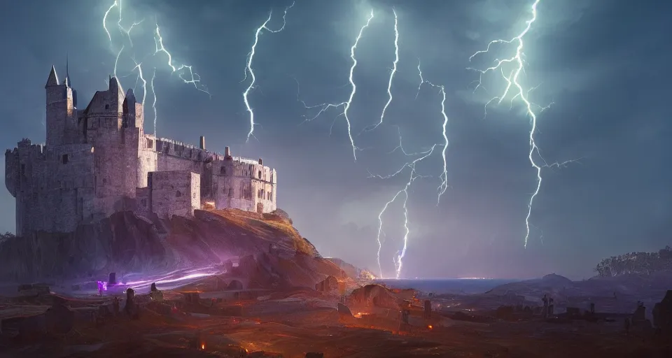 Image similar to Landscape with GIANT lightning bolt striking a medieval castle, center composition, cinematic, rendered by Beeple, Makoto Shinkai, environment concept, digital art, unreal engine, 3 point perspective, WLOP, trending on artstation, low level, 4K UHD image, octane render,