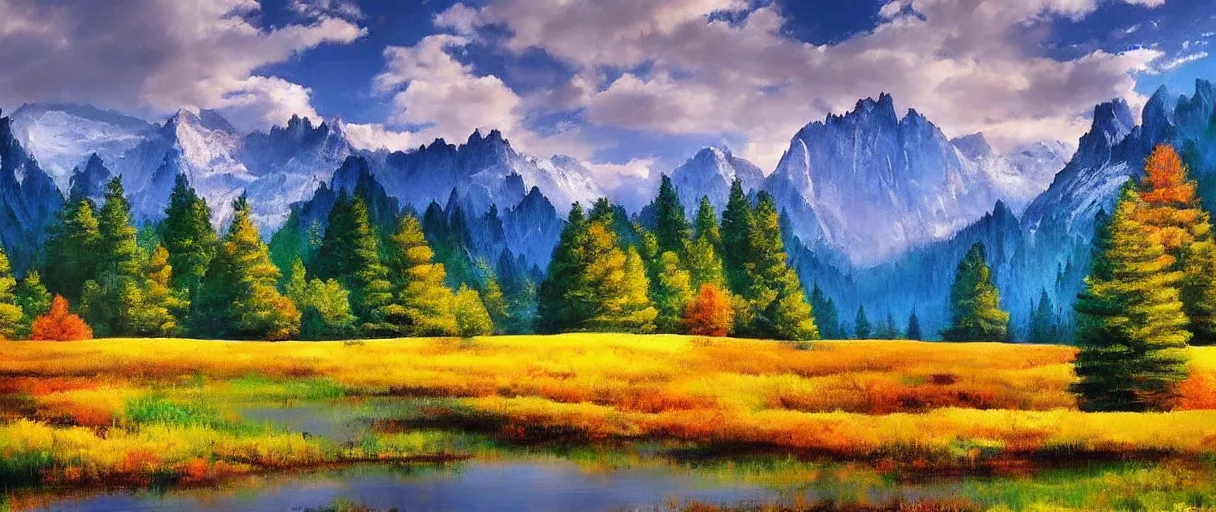 Prompt: a beautiful unique landscape photo influenced by bob ross. photo - realistic