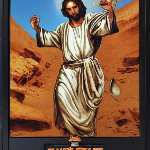 Image similar to Jesus Christ piloting a giant mech in the desert, portrait photo, detailed face