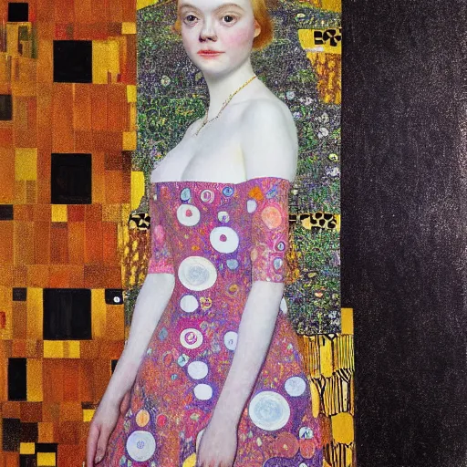 Prompt: a striking hyper real painting of Elle Fanning by Gustav Klimt
