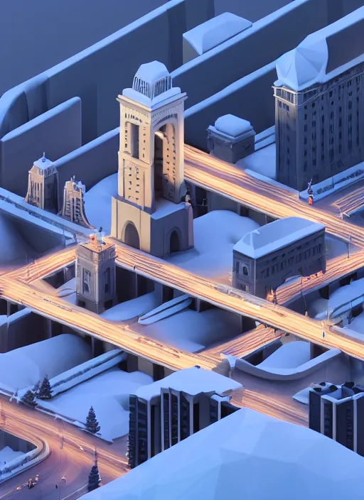 Prompt: a low poly isometric render of winnipeg manitoba in the style of monument valley, provencher bridge, winter, intricate, elegant, smooth shading, soft lighting, illustration, simple, solid shapes, by magali villeneuve, jeremy lipkin and michael garmash, rob rey and kentaro miura style, octane render