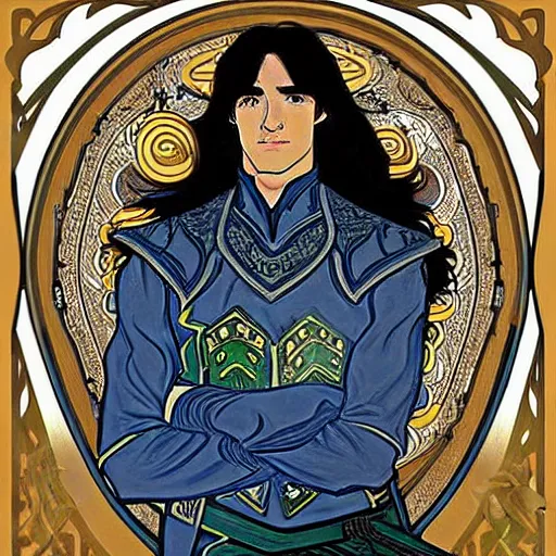 Image similar to painting of handsome beautiful paladin elf! man with long wavy dark hair in his 2 0 s named shadow taehyung at the blueberry party, wearing armor!, elegant, clear, painting, stylized, delicate, soft facial features, art, art by alphonse mucha, vincent van gogh, egon schiele,