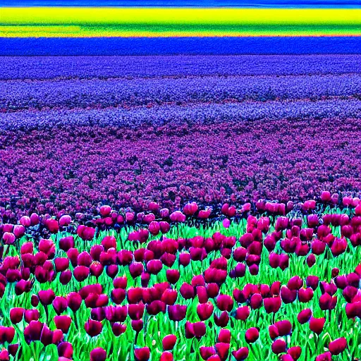 Image similar to A 4k photo of a field of tulips, blue skies, high contrast, early morning