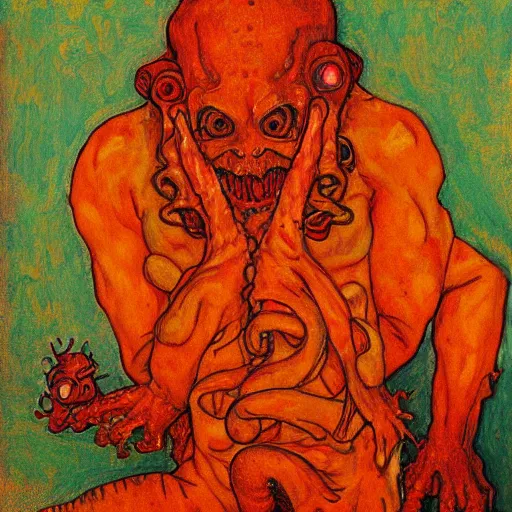 Image similar to portrait of orange cthulhu by greg rutkowski in the style of egon schiele