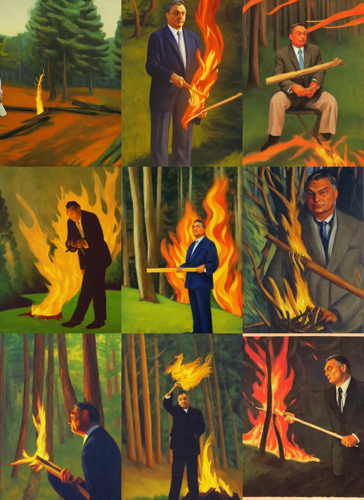 Prompt: viktor orban setting a forest on fire, holding a wood piece, highly detailed face, by edward hopper