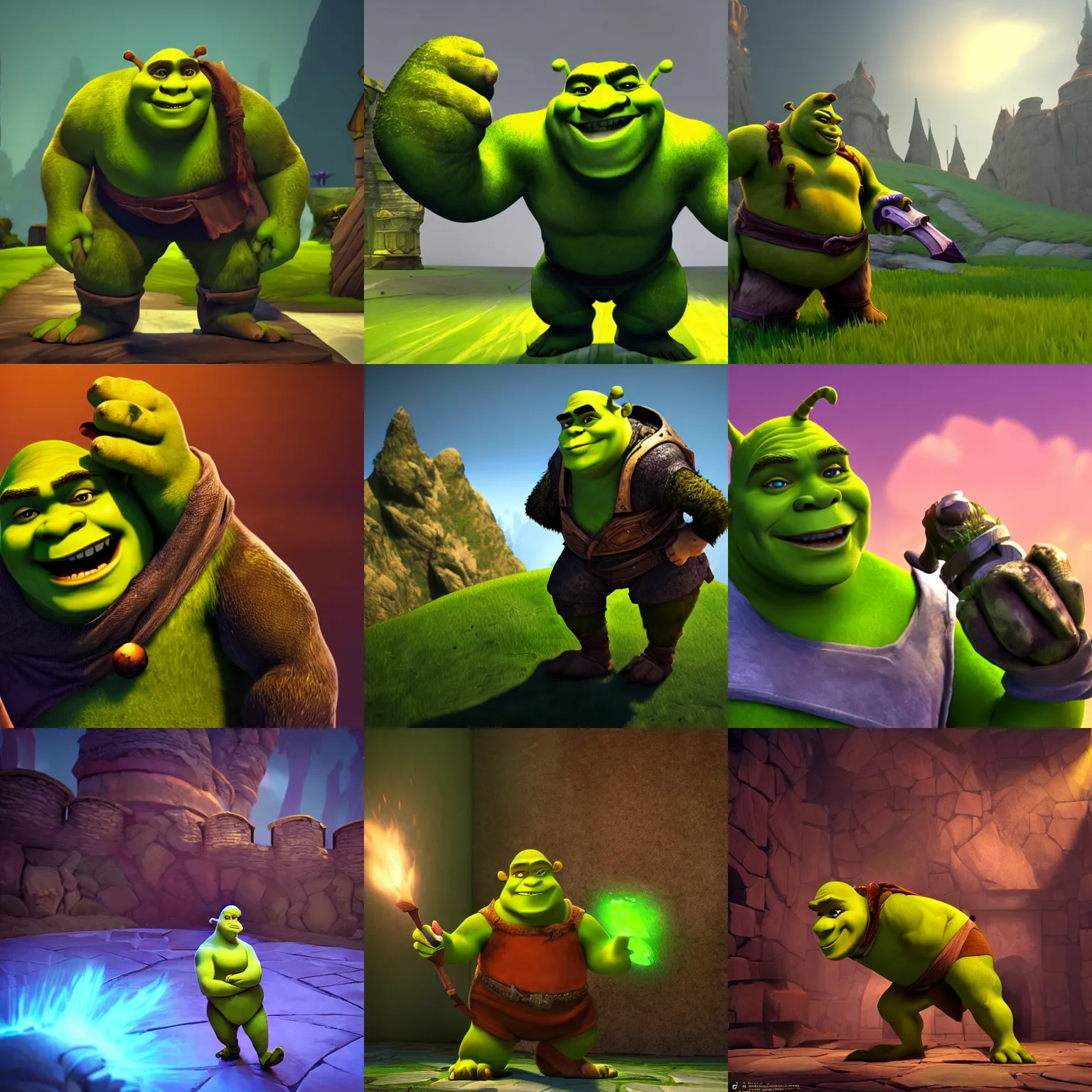 Prompt: shrek in fortiche productions art style, league of legends cinematic, dramatic lighting, stylized npr cgi render