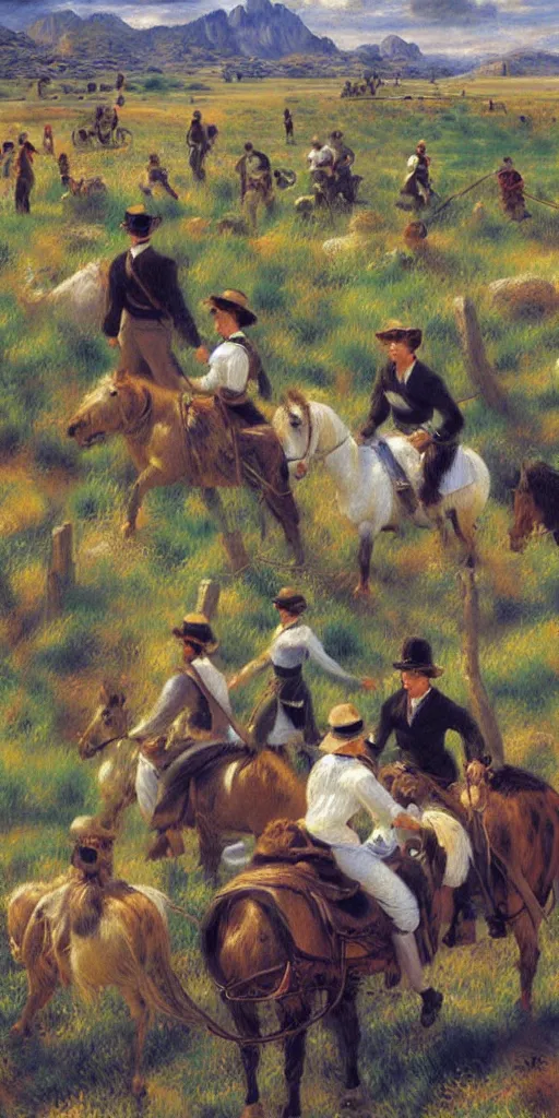 Image similar to oil painting of mormon pioneers crossing the plains, painting by renoir and yong sung kim, masterpiece, stylized