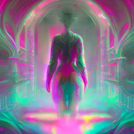 Image similar to long Shot of psychedelic misty chromatic astral temple , stylish, lsd, soft, trending on artstation, cinematic, artwork by WLOP