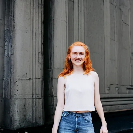 Image similar to Portrait photograph of a Strawberry-Blonde Girl, Young Beautiful Face, Green Eyes, Freckles, Wearing a white crop-top and jeans, with a subtle smile, Humans of New York Style, Leica Camera 50mm lens, street photography, grainy film photo