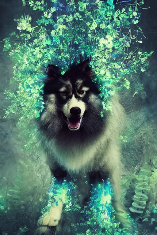 Image similar to flowery long haired alaskan malamute in a bioluminescent forest by malgorzata kmiec and alberto seveso, beautiful, ethereal