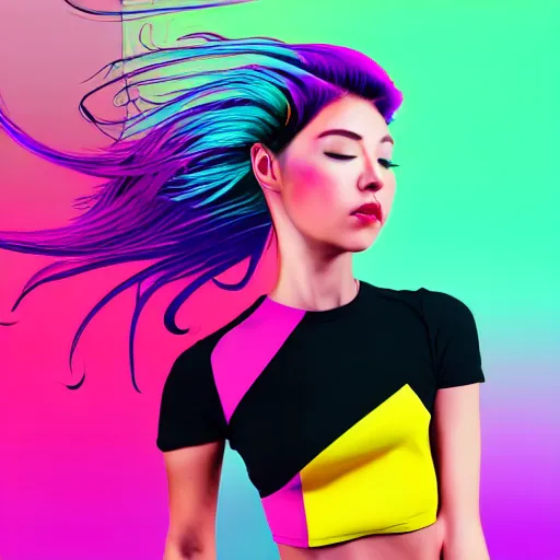 Image similar to a award winning half body portrait of a beautiful woman in a croptop with a ombre purple pink teal hairstyle with head in motion and hair flying, outrun, vaporware, vivid colors, highly detailed, fine detail, intricate