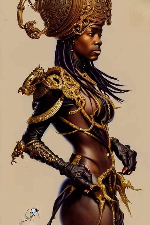 Image similar to full body Portrait of very beautiful african dreadlock hair style woman, leather baroque ornate suite by thierry muggler, holding her helmet, real life skin, intricate, elegant, highly detailed, artstation, concept art, smooth, sharp focus, art by artgerm and greg rutkowski and alphonse mucha