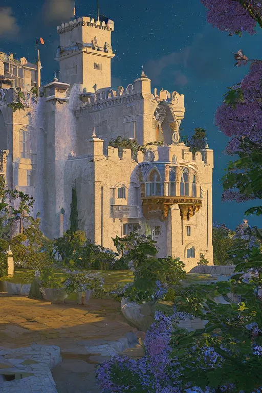 Image similar to view of the white tower of the moon in its gardens after a storm, fairytale illustration, tall windows, beautiful moorish tiles, dramatic cinematic lighting, rich colors, golden age illustration, by Sylvain Sarrailh and Nicholas Roerich and Ludwig Deutsch, unreal engine