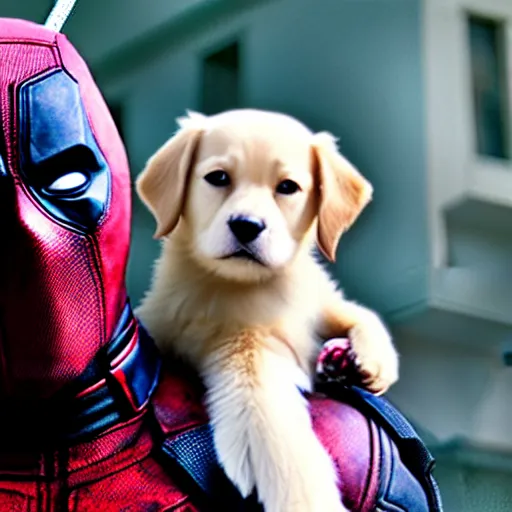 Image similar to a still from the avengers movie of deadpool holding a cute dog, 4 k, movie scene, professional lightimg, cinematic, dramatic