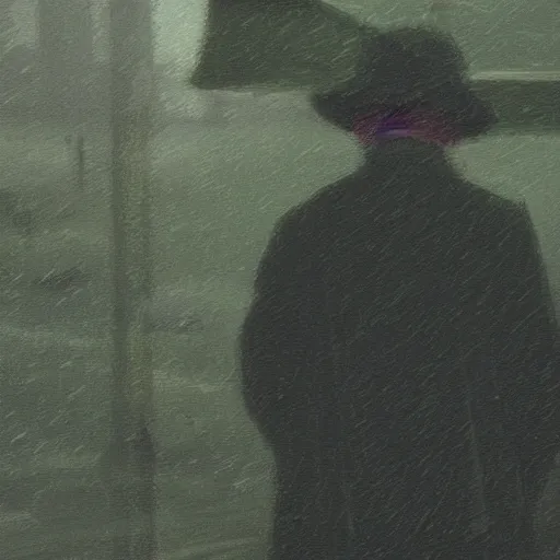 Prompt: a beautiful! aesthetic! closeup collage of impressionist painting of a sad and empty man with a coat, hat and luggage, facing us, waiting alone under the rain, at night under one bulb street light, at a moody and dark train stop in the middle of a green and mountainish japanese countryside. extreme Fog. Blurry. gloomy. moody. Night. Reflections. Cinematic lighting!! Peter Mohrbacher. Juan Jia. Caspar David Friedrich. Ashitaka Amano. Berthe Morisot!! 15mm. Wide-angle. Brush Strokes texture. Masterpiece!!. Intricate. Extremely-detailed. Post-production Trending on artstation n - 9