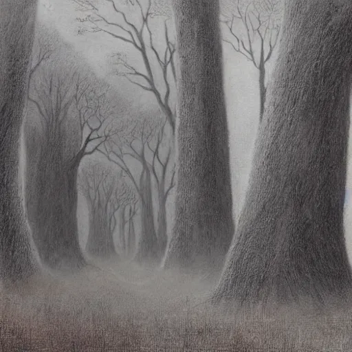 Image similar to down the foggy ruins of time far past the frozen leaves the haunted frightened trees out to the windy beach, alan lee, felix kelly